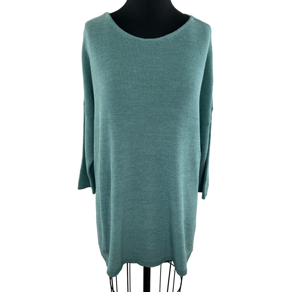 Pure Jill Green 3/4 Sleeve Ribbed Knit Linen Blend Pullover Women's Tunic Size M